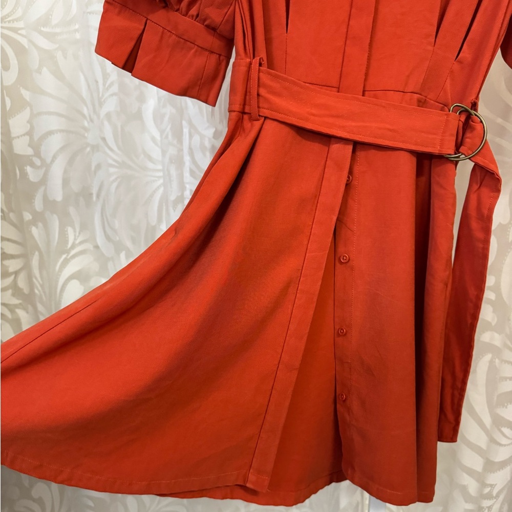 Rust Orange Red Belted Button Down Dress - Picture 9 of 9